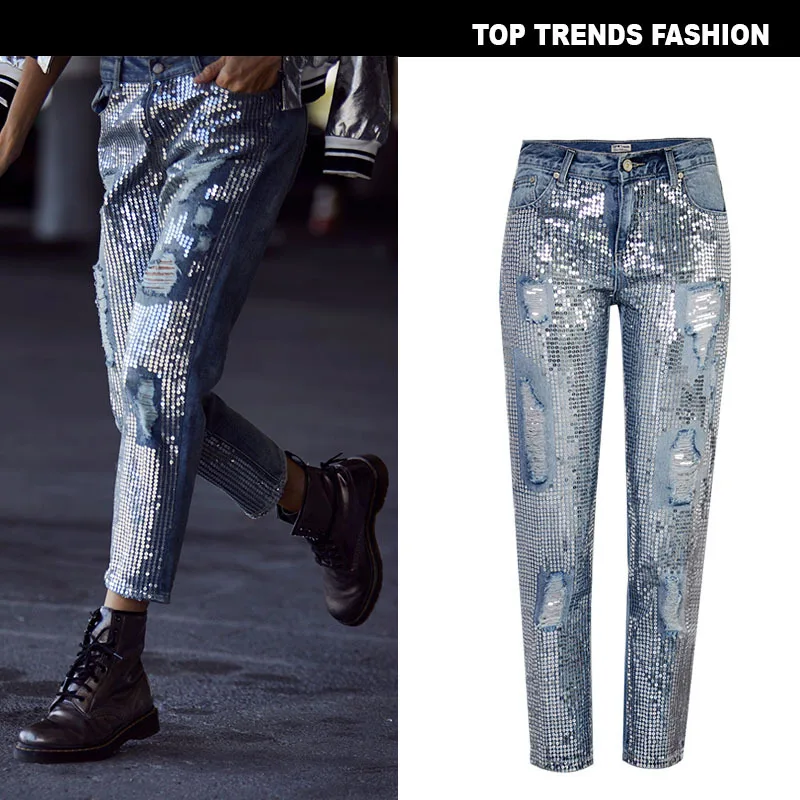 

Women's Loose Straight-leg Denim Cropped Pants Popular Metallic Embroidered Sequencing Washed for Distressed Holes Jeans