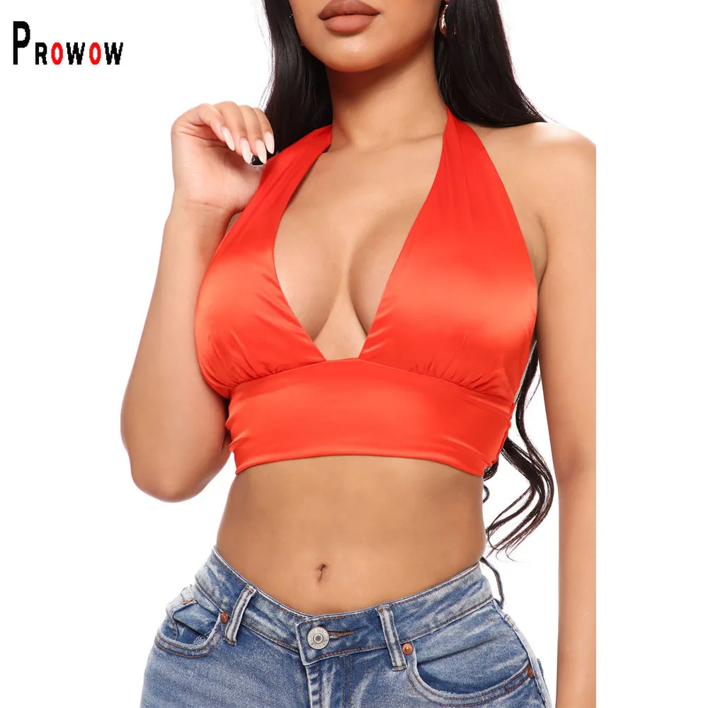 

Prowow Women Cropped Top Clothes Sexy Backless Bandage Halter Tank Top Sleeveless Solid Color Summer Female Camis Outfits