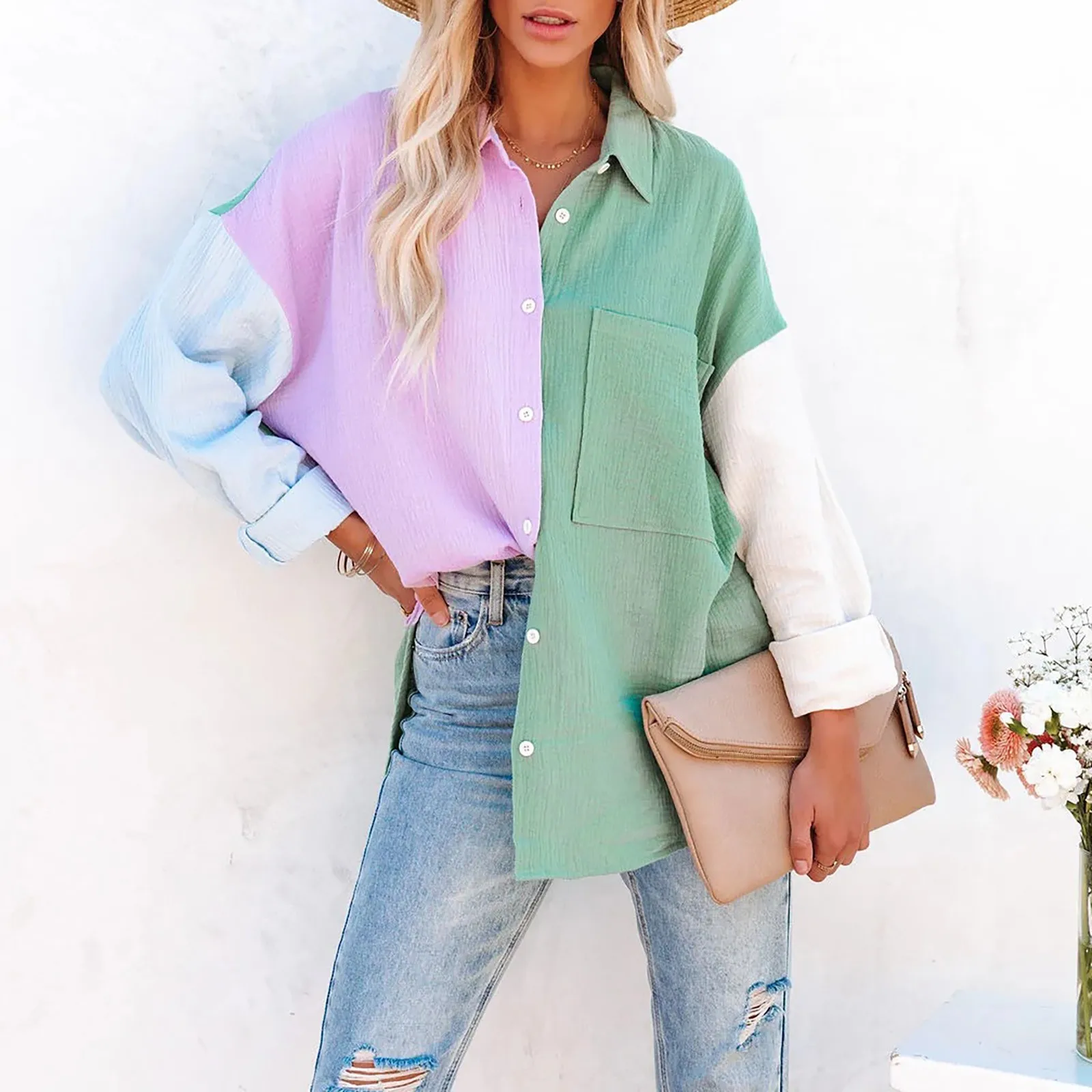 Women's Single Breasted Long Sleeve Lapel Shirts With Pockets Colour Blocking Drop Shoulder Loose Casual Female Shirt Tops with neck lanyard rfid blocking anti theft waterproof name badge holder employee id cover id card case credit card holder