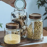 New Small Glass Storage Jars with Airtight Lids, coffee container with Wooden Lid, Glass Pantry Canister for Beans, Rice,Sugar 1