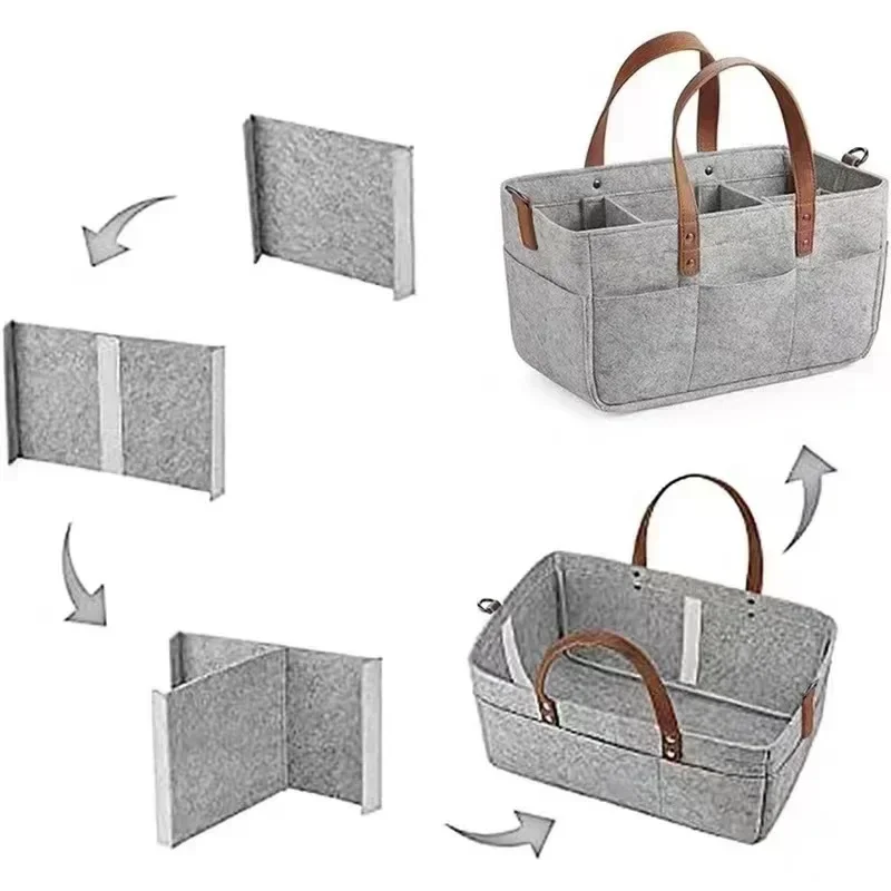 Large Felt Storage Bag for Nursery Diaper Caddy, Folding Organizer Basket with Handles, Nappy Carrier