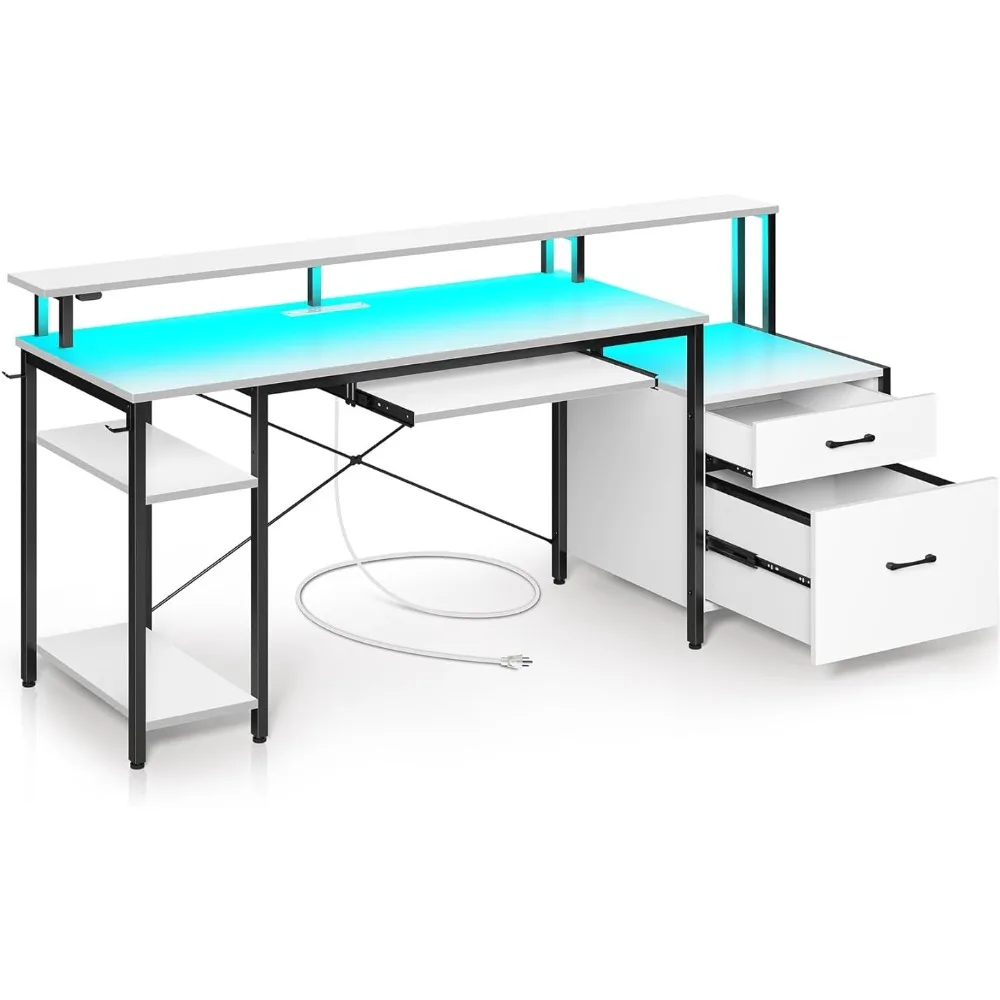 

Computer Desks Gaming Desk With LED Light & Power Outlets Office Furniture With Monitor Stand & Keyboard Tray Furniture for Room