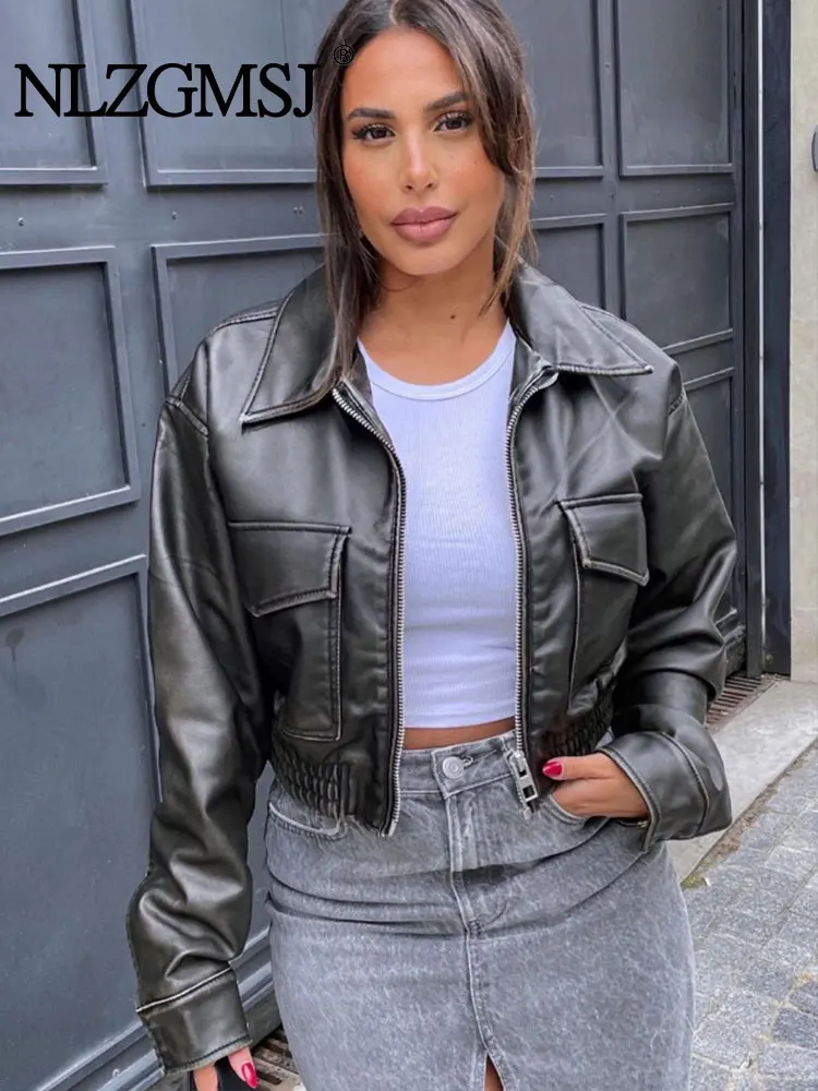 

Осеннее черное пальто из искусственной кожи с большими карманами Nlzgmsj TRAF 2023, Женская однобортная куртка с длинным рукавом и лацканами, уличная одежда