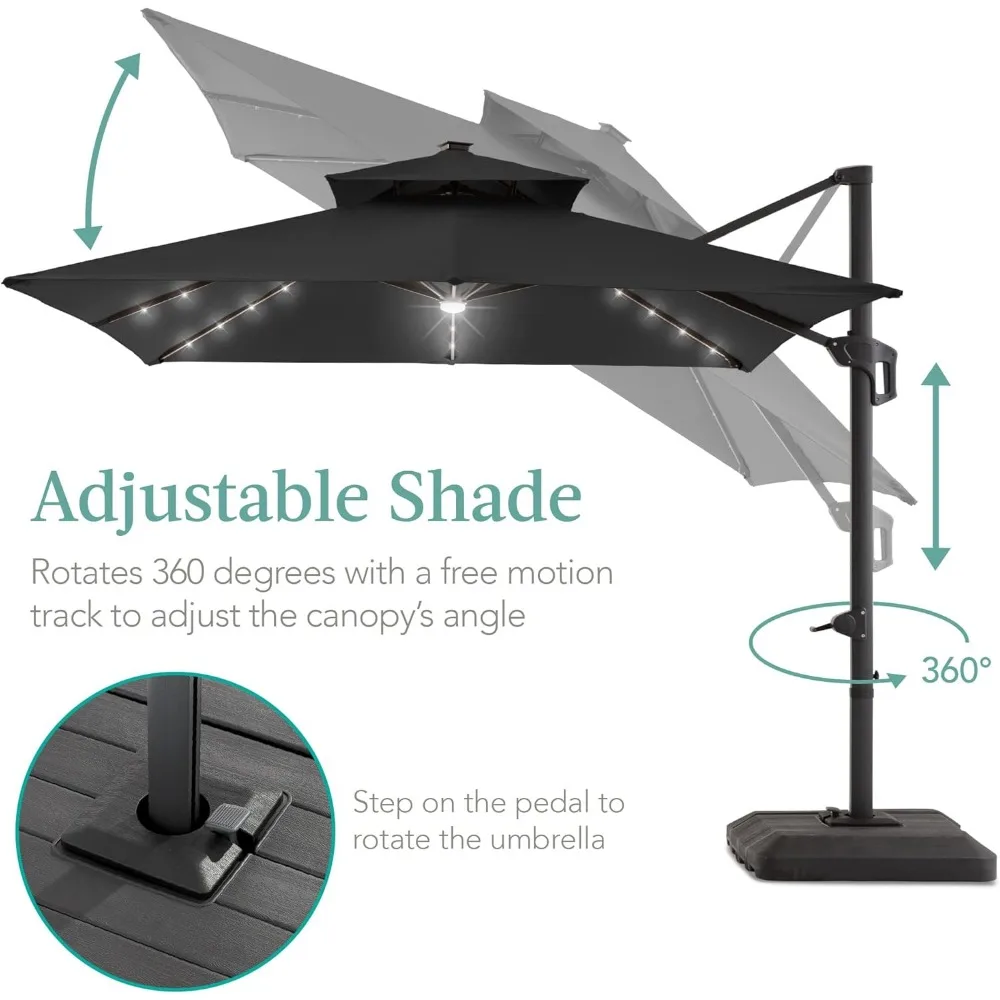 Patio Umbrella with Solar LED Lights, 10x10ft 2-Tier Square Cantilever, Fillable Base, 360 Rotation, Outdoor Sun Umbrella