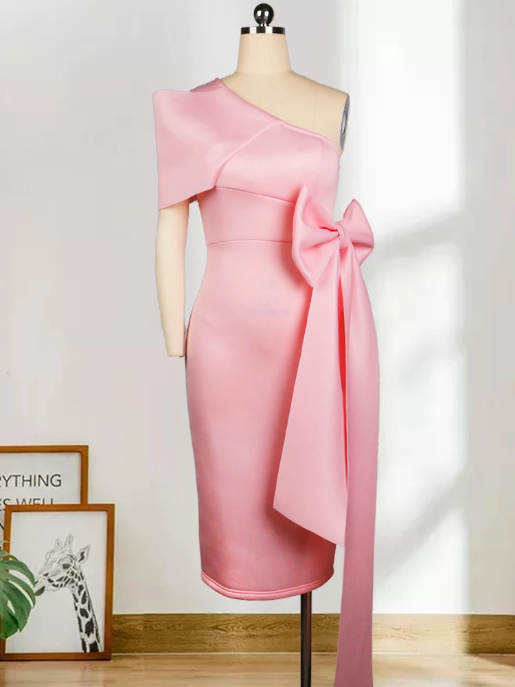 One Shoulder Party Dresses for Women Bowtie Plus Size 3XL 4XL Pink High Waist Bodycon Birthday Cocktail Party Gowns Summer 2023
