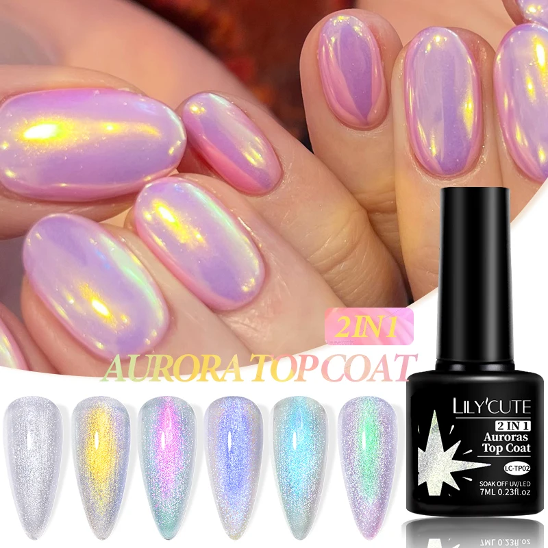 Блестящее верхнее покрытие LILYCUTE Aurora, Гель-лак для ногтей, золотой красочный блестящий эффект, 2 в 1, функциональный Гель для маникюра, лак для творчества и дизайна ногтей