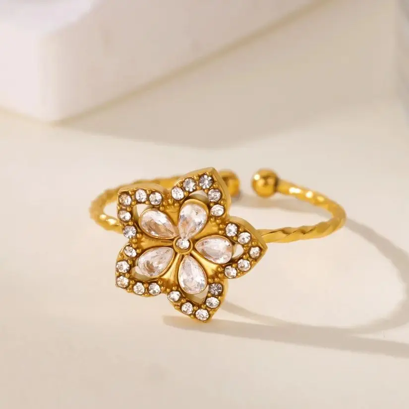 Zircon Flower Rings Women Gold Color Stainless Steel