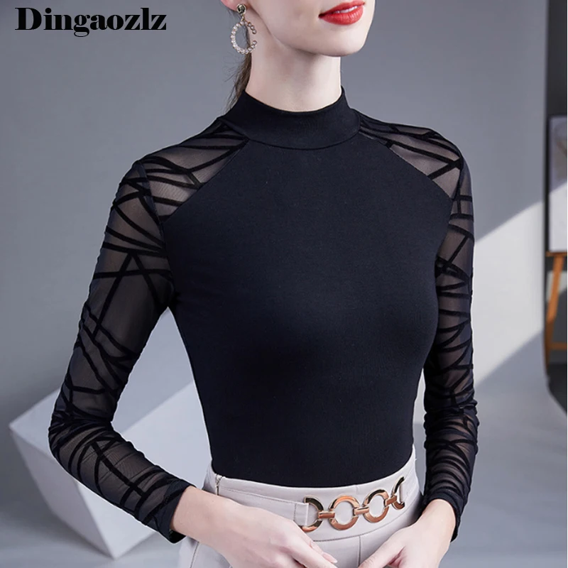 T Shirt Women Half High Collar Casual Patchwork Half Sleeve Mesh Tops