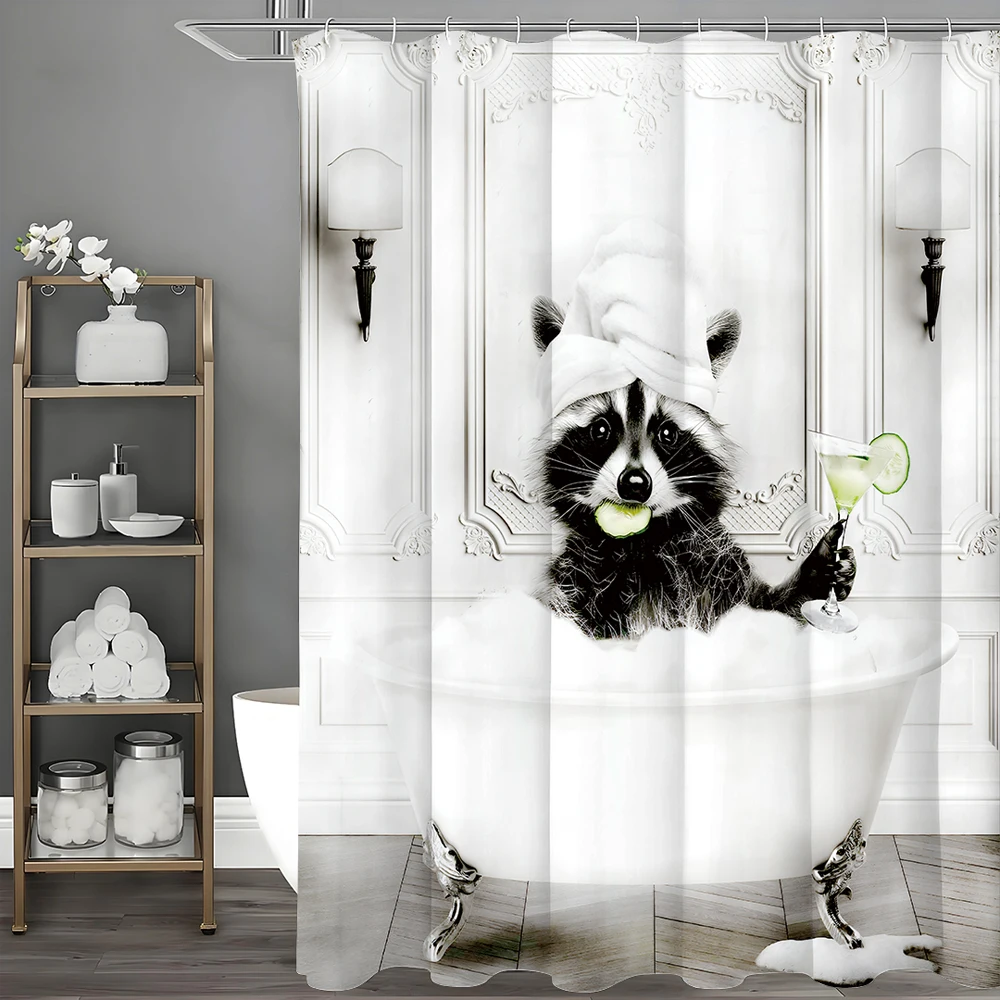 Funny Raccoon In Bathtub Shower Curtain With Cocktail And Towel Hat Humorous Animal Bath Decor Waterproof Fabric Art Print