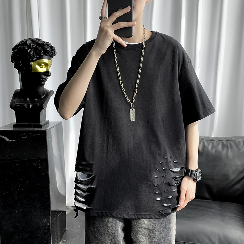 

2024 New Summer Short Sleeve T Shirt for Men Casual Fashion Hole Designed T-shirt Solid Color Loose Hip Hop Men's T Shirt A83