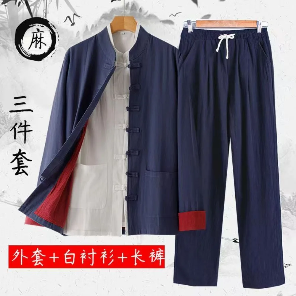 Autumn Chinese Style Clothes Men National Style Linen Tang Suit Mens Mandarin Clothes