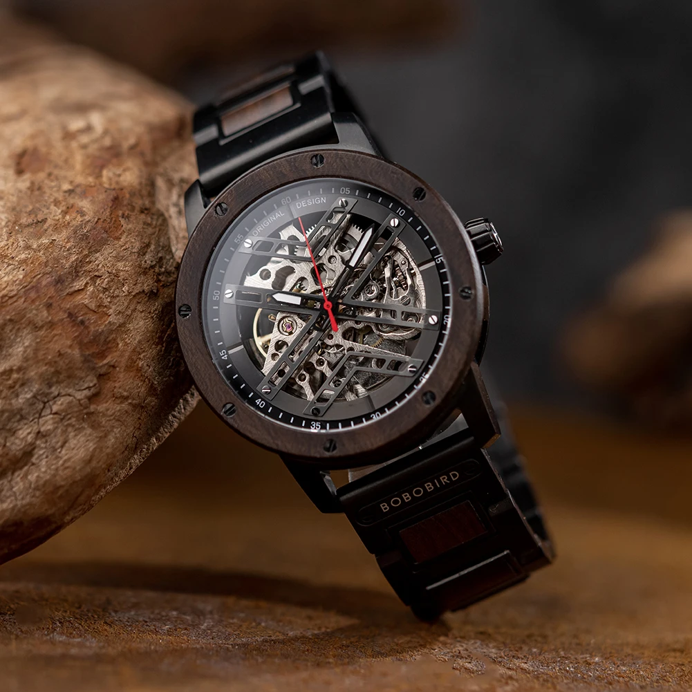 Automatic Mechanical Watch BOBO BIRD New Top Business Men Wooden Wristwatch Unique Engraved Watches Christmas Gift Box