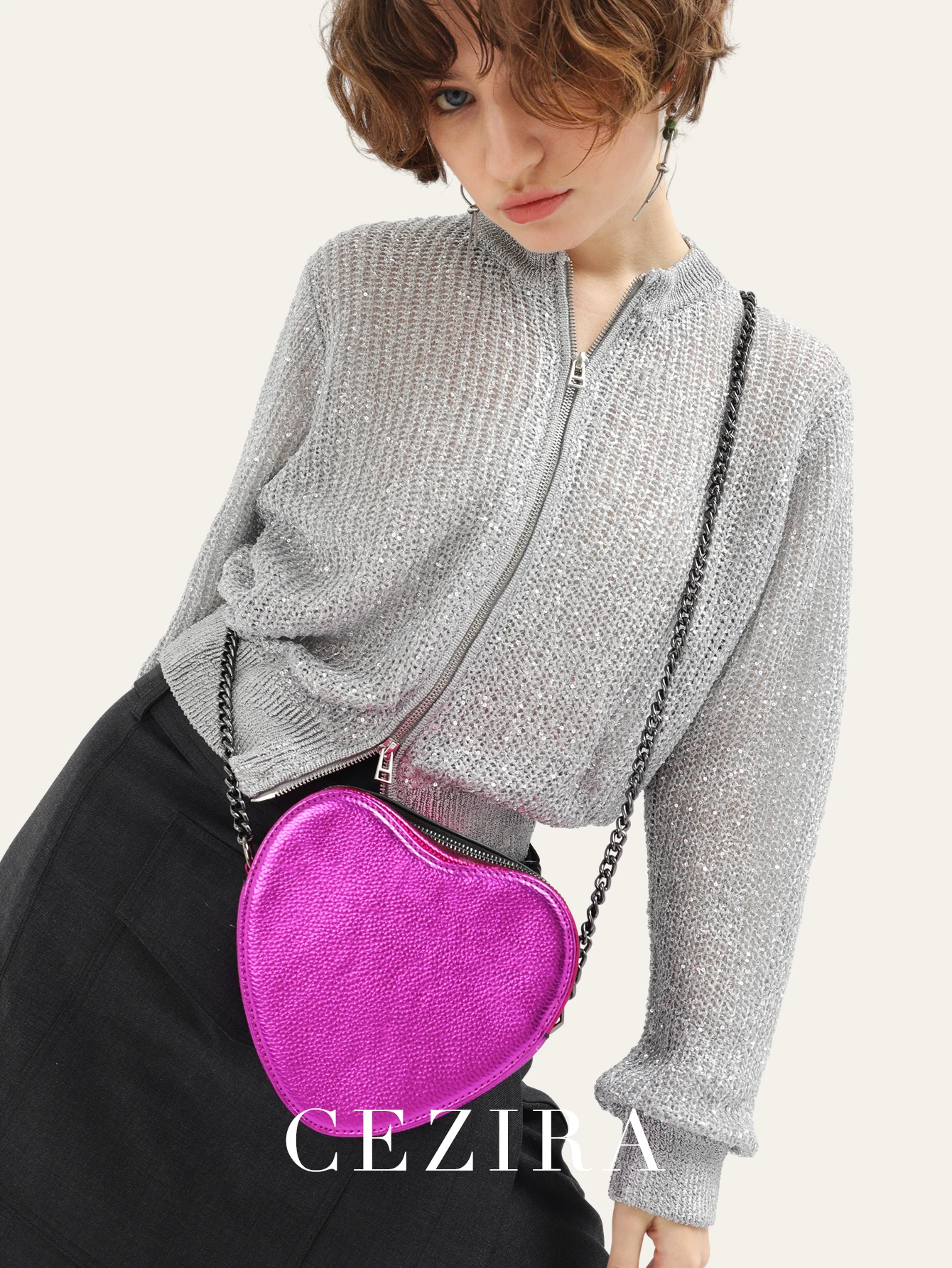 CEZIRA Luxury Heart Shaped Novelty Purse for Women Shiny PU Leather Colorful Stripes Handbags Metal Chain Shoulder Crossbody Bag