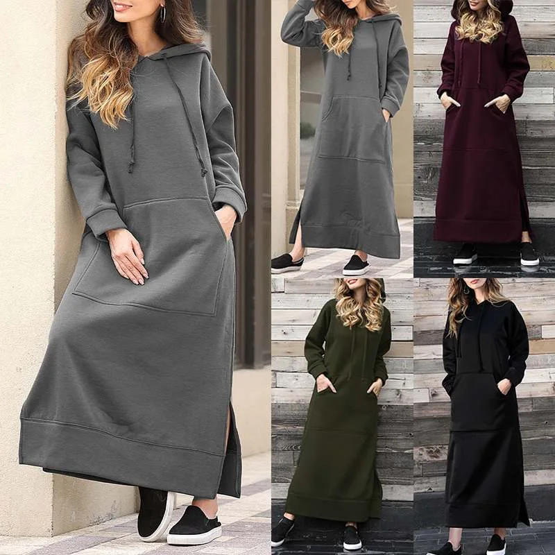 

Warm Winter Fashion Hooded Dresses For Women Black Green Pocket Long Sleeved Autumn Female Outwear Casual Loose Sportwear Dress