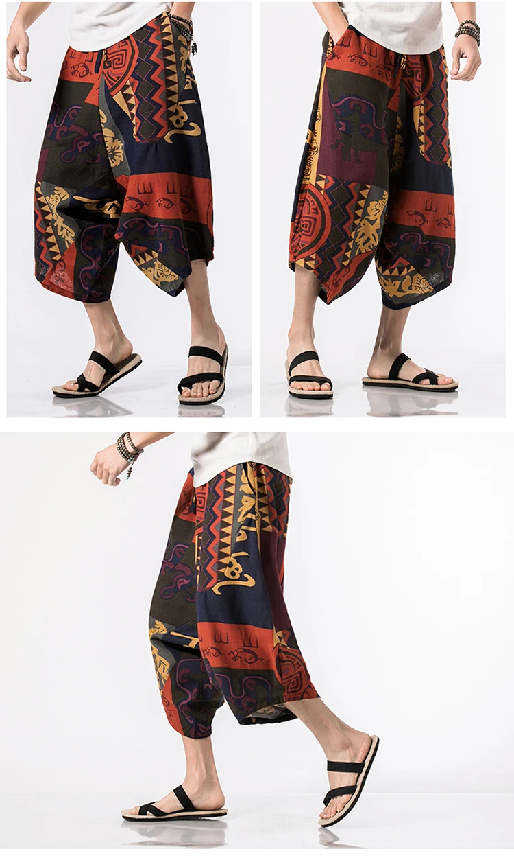 Description Picture 6 of itemHawaii Chinese Style Printing Wide Leg Pants Men 100% Cotton Drawstring Trousers Streetwear Hip Hop Fitting Jogging Casual Pants