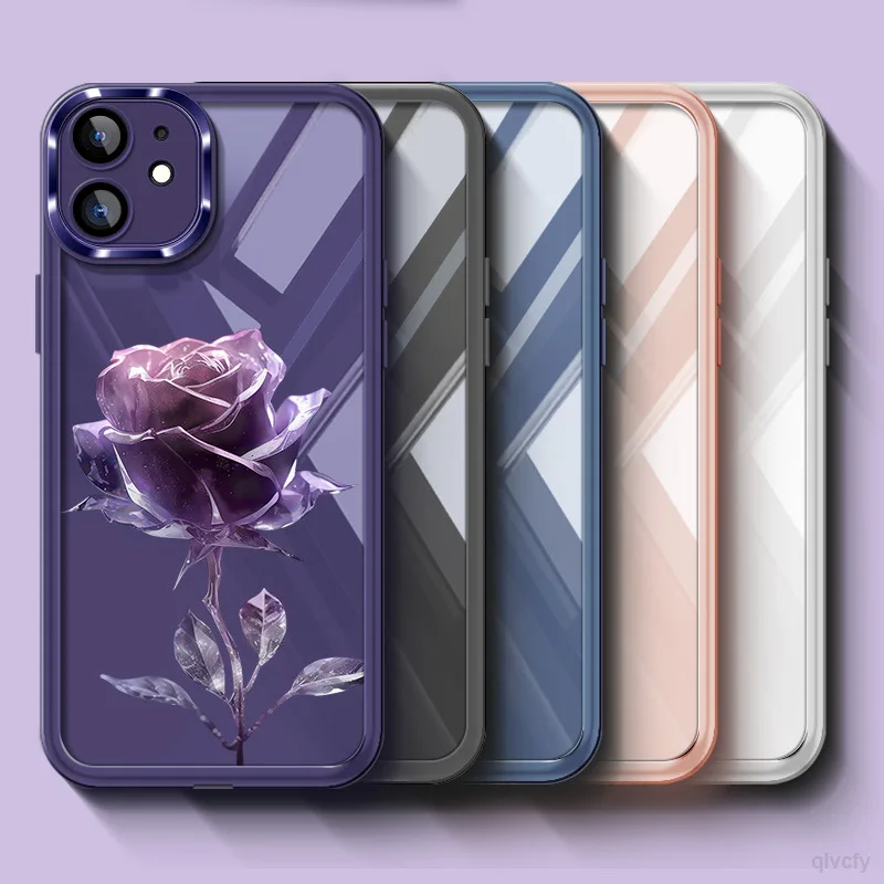 

Crystal Rose Painted Phone Case For iPhone 14Plus 13 12 11 ProMax Lens Film Anti-bump Protective Cover For iPhone X XS XR XSMAX