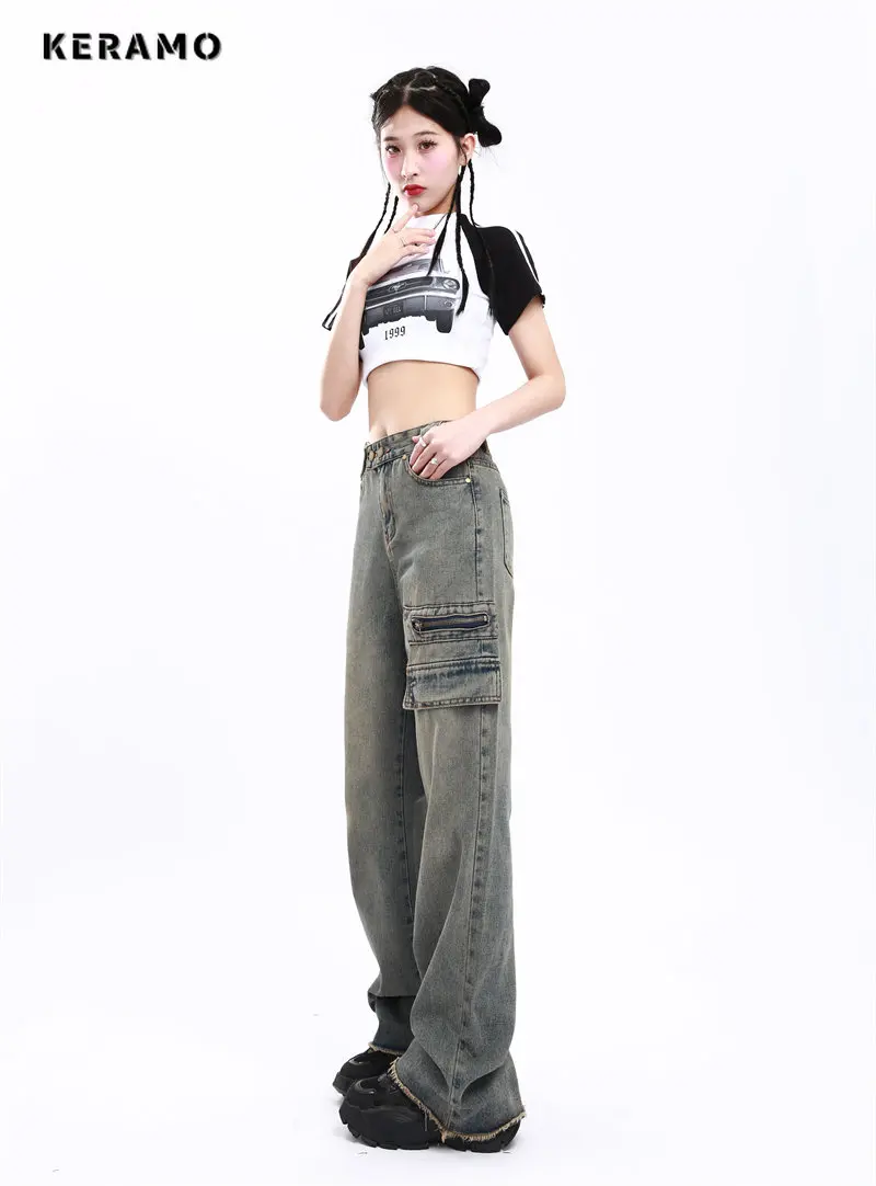 

American Vintage High Waist Straight Tassels Jeans Pants Women's Casual Baggy Y2K Wide Leg Grunge Streetwear Style Denim Trouser