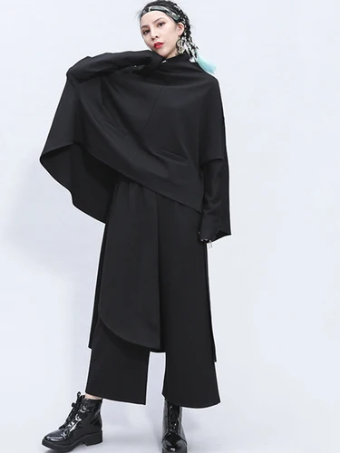[EAM] 고탄성 허리 블랙 스플릿 조인트 롱 와이드 레그 바지, 루즈핏 바지, 여성 패션 용수철, 가을, 1Z325, 2024 5