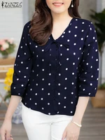 ZANZEA 2025 Summer Polka Dot Bohemian Blouse Fashion 3/4 Puff Sleeve Shirts Casual Loose Lace Up Tops Tunics Blusas Femininas - Image 4