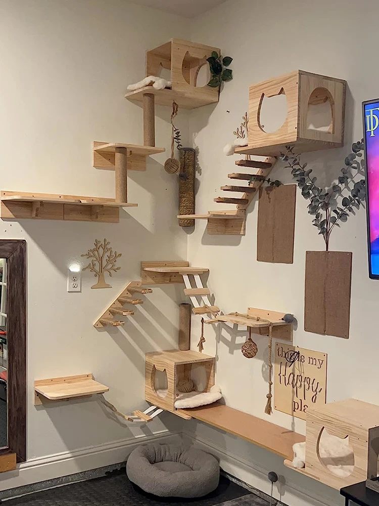Wall-Mounted Cat Climbing Shelf with Sisal Scratching Post and Sleeping Perch