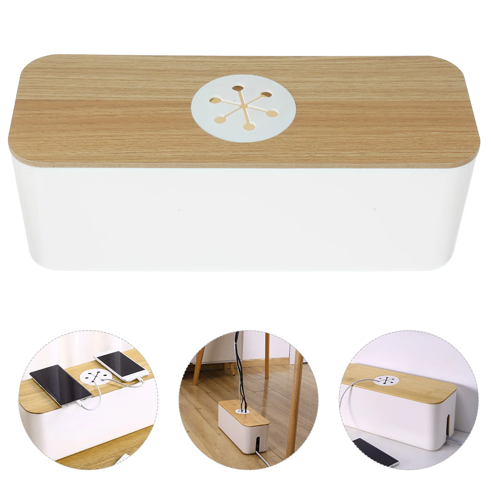 

Power Junction Box Office Table Desk Cable Holder Cord Organizer Charge Organizers Wooden Strip Computer