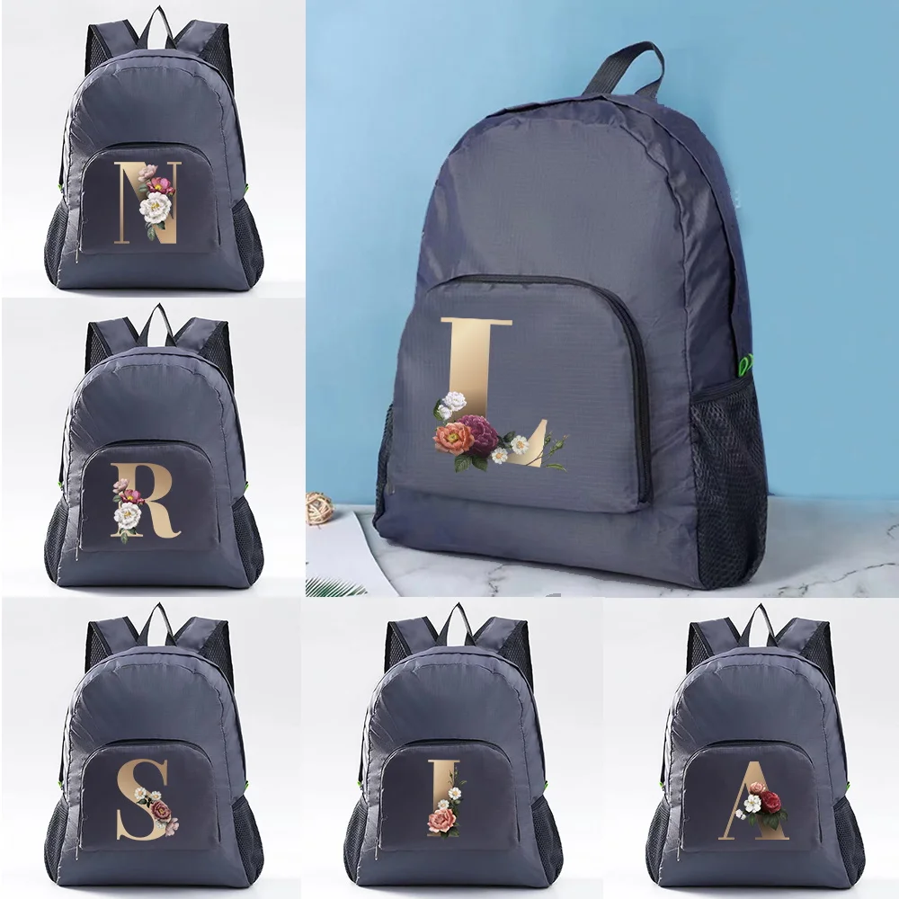 

Lightweight Packable Backpack Foldable Ultralight Outdoor Folding Backpack Gold Letter Print Travel Sports Daypack Bag Men Women