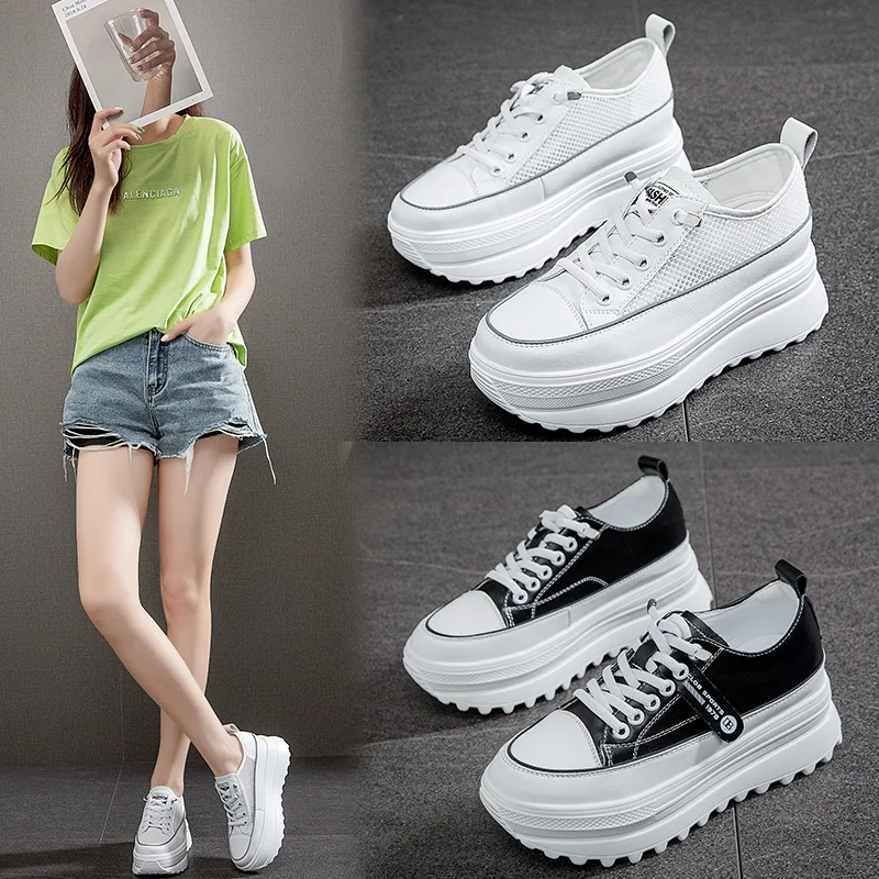 Spring and Autumn Leather Wedge Shoes Breathable and Comfortable White Casual Thick-soled Sneakers Fashion Running Shoes