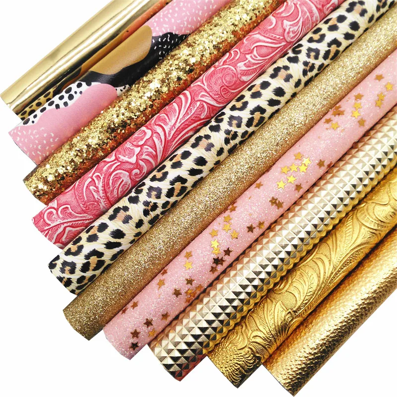 Floral Embossed Synthetic Leather Felt Backing Glitter Vinyl Chunky Glitter DIY Faux Leather Sheets For Bows Craft L035