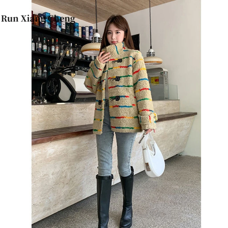 run-xiang-cheng-fur-factory-2023-autumn-and-winter-new-lamb-coat-female-short-rainbow-striped-granular-velvet-coat-free-shipping