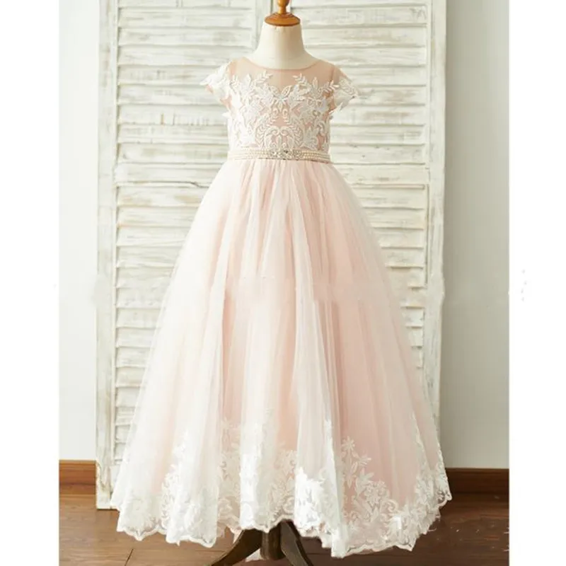 

Lace Pink Flower Girl Dresses Appliques Baby Girls Party Dress Cap Sleeves Puffy Princess A-Line First Communion Dress