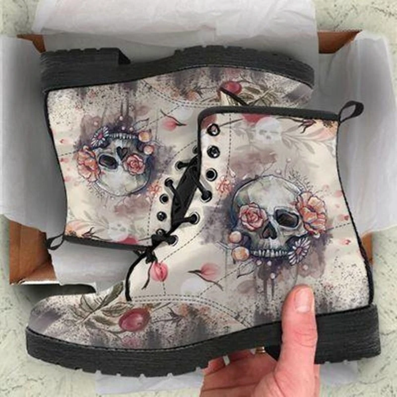 Botines de piel sintética con calaveras para mujer, zapatos tacón bajo con cabeza redonda, con cordones, Estilo Vintage, cálidos, para nieve, otoño e invierno, 2022| | - AliExpress