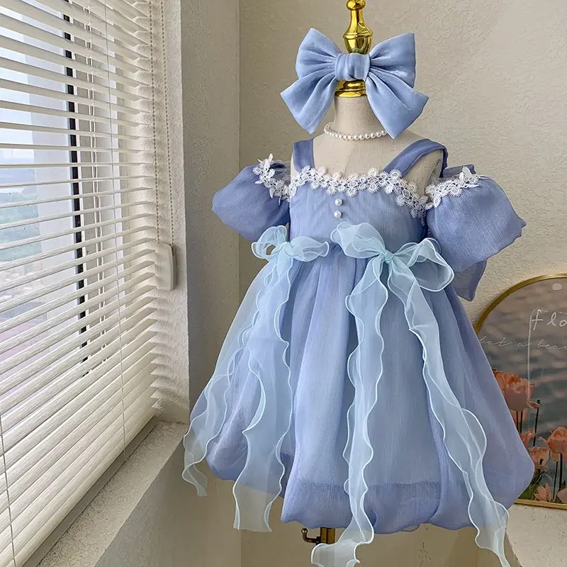 

Girls' Dress 2023 Summer New Children's Korean Edition Yarn Dress Off the Shoulder, Fashionable Mesh, Little Girl Princess Dress