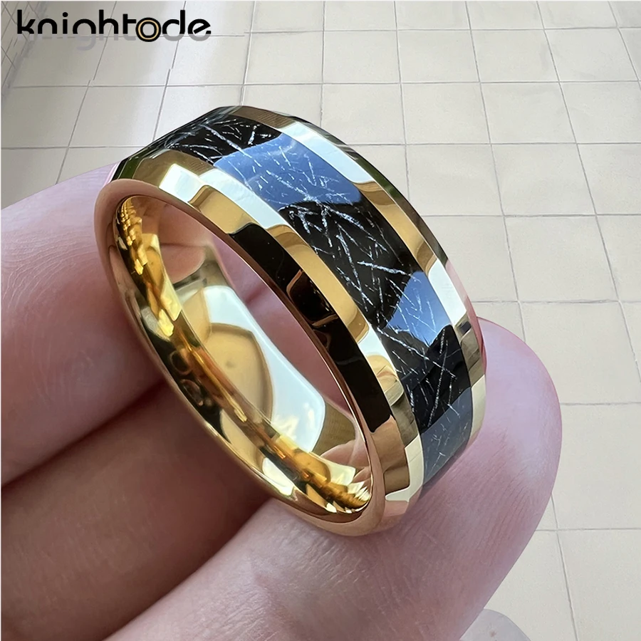 8mm Tungsten Carbide Wedding Band Black Meteorite Inlay Men Women Simple Stlye Flat Rings Beveled Edges Polished Comfort Fit
