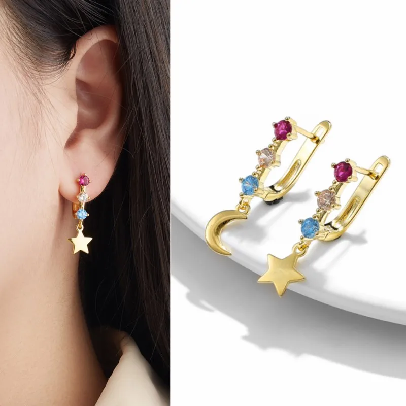 14K Gold Color CZ Asymmetry Star&Moon Hoop Earrings for Women Fashion Boho Huggies Jewelry Gift Pulseras Mujer
