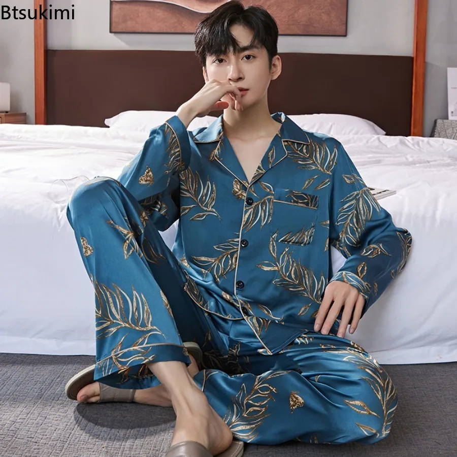 Spring New Men's Ice Silk Pajamas Sets Lapel Long Sleeve Jacquard Cardigan+Pants Homewear Suit Men Loose Casual Satin Sleepwear