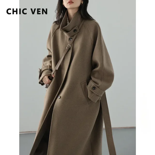 CHIC VEN Women's Long Trencn Coat Standing Belt Lace Up Woolen Coat Raglan Sleeves Long Overcoat Office Lady Autumn Winter 2024 1