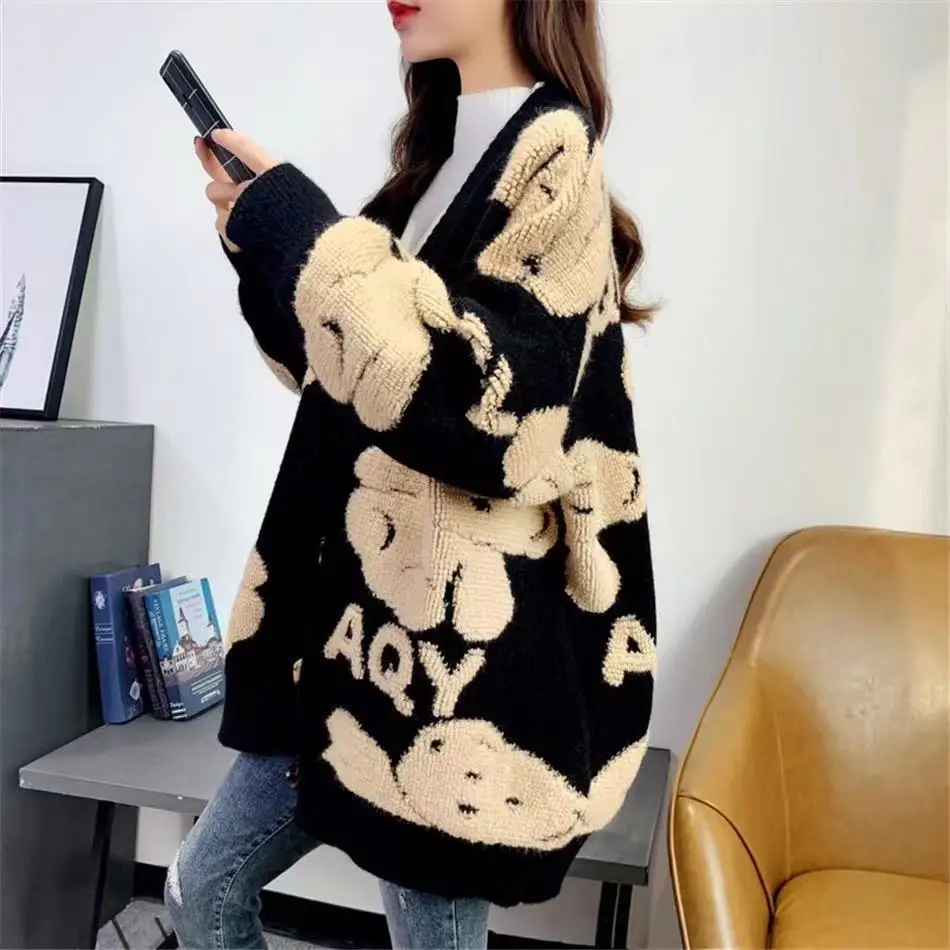 

Autumn Women Sweater Cardigan Bear Letter Pattern Cute Loose Knitted Coat Button Down Long Sleeve V Neck Ladies Cardigan