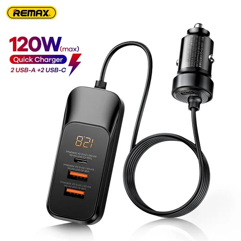 Remax 120W Car Charger Type C USB Fast Charging Quick Charger QC PD 3.0 Digital Display for iPhone Xiaomi 13 14 Laptops Macbook