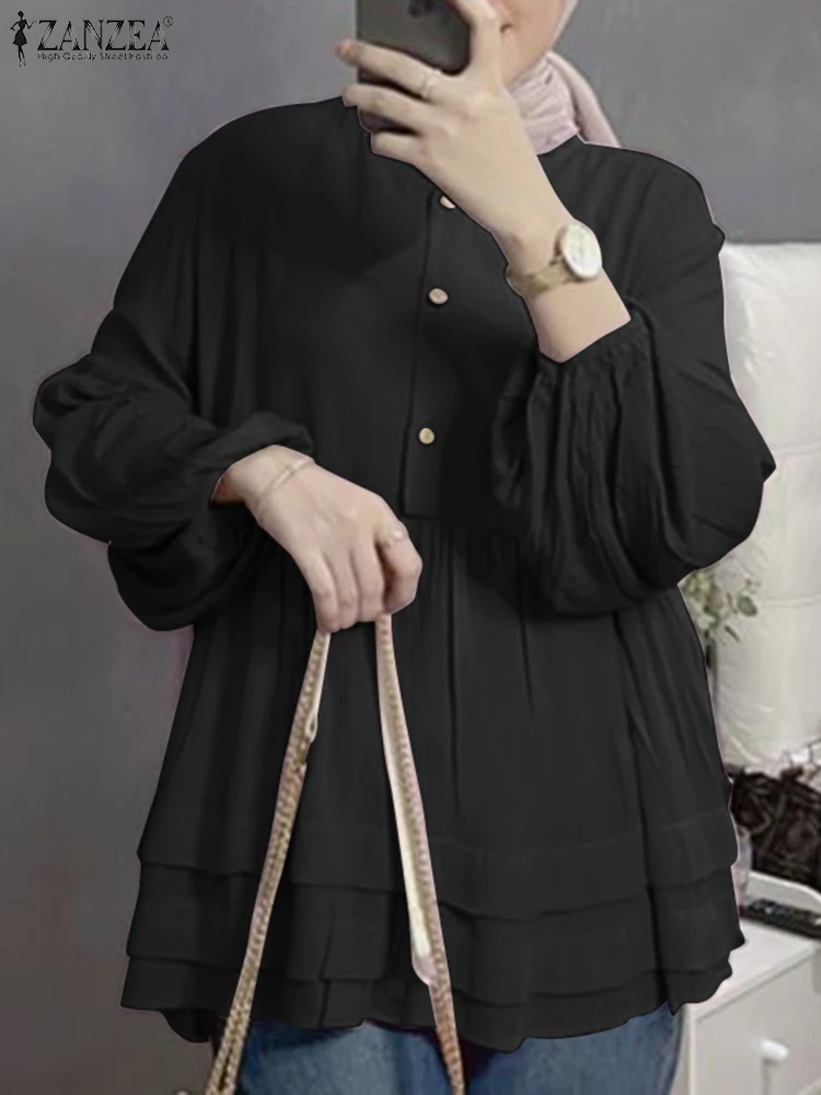 

ZANZEA Fashion Flounce Muslim Tops Woman Casual Loose Blouse Autumn Casual Chemise Elegant Turkey Islamic Clothing Oversized