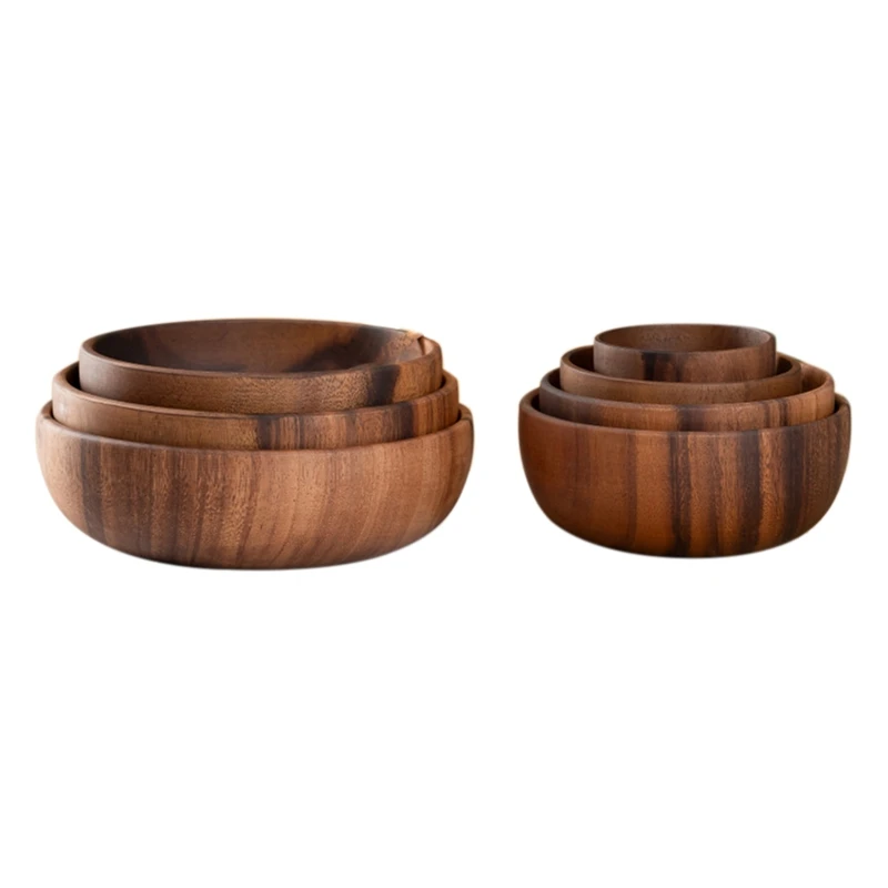 A82X-Wooden Salad Bowl Round Dessert Displays Serving Trays Fruit Food Salads Snack Soup Bowl For Home Coffee Shop