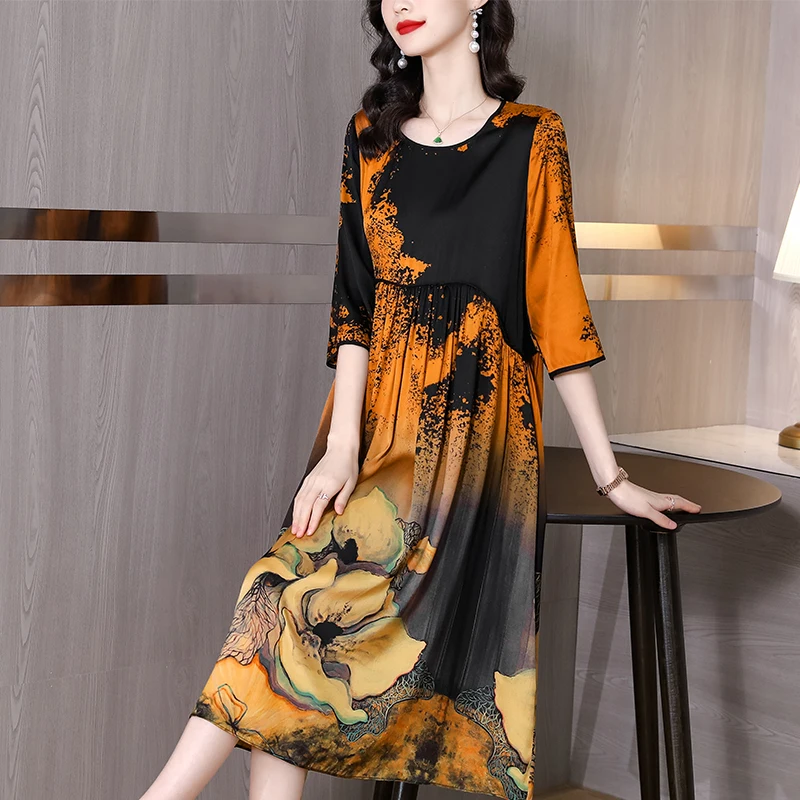 

2023 New Fashion Silk Printed Dress Women's Summer Retro Versatile 3/4 Sleeve Loose Fit Casual Holiday Dress Vestidos