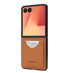 Premium Anti - Fall Leather Wallet Case with Card Holder & Kickstand - Galaxy Z Flip7 FE (Brown)
