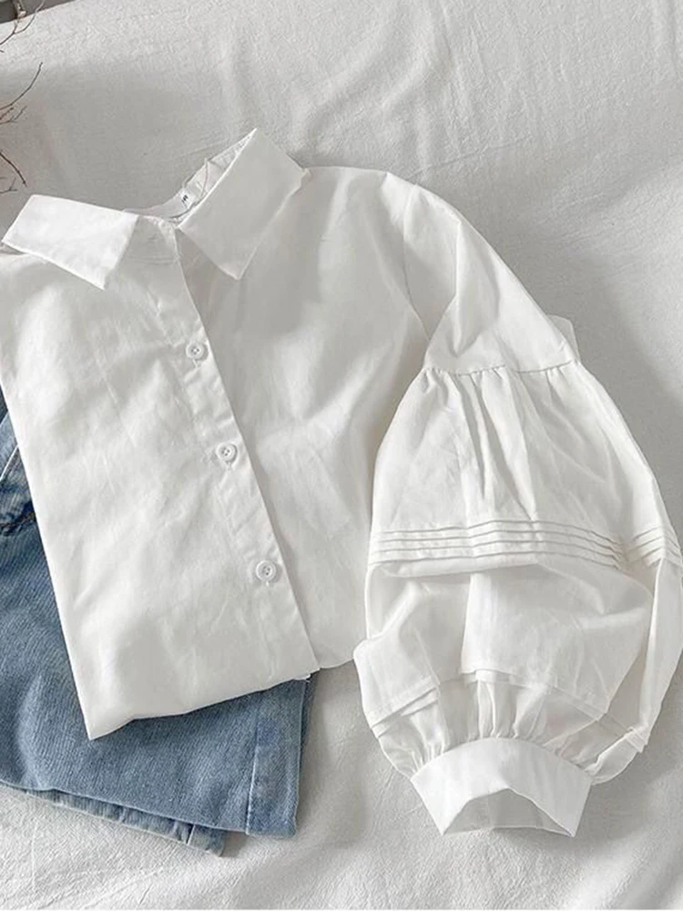 JMPRS Sweet Puff Three Quarter Sleeve Women Shirts Casual White Fall Button Up Korean Shirts Fashion Turn Down Collar Loose Tops
