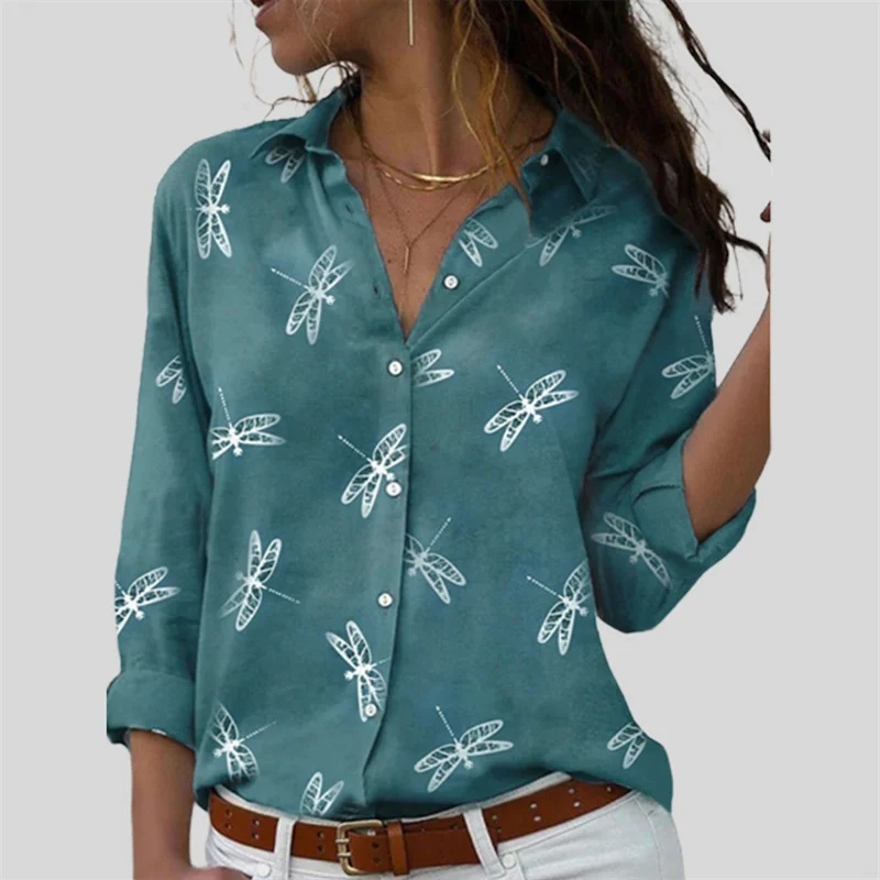 Large Size Dragonfly Print Single-breasted Cardigan Shirt Women's Comfortable Commuter Casual Tops Female Slim Fit Lapel Blouse