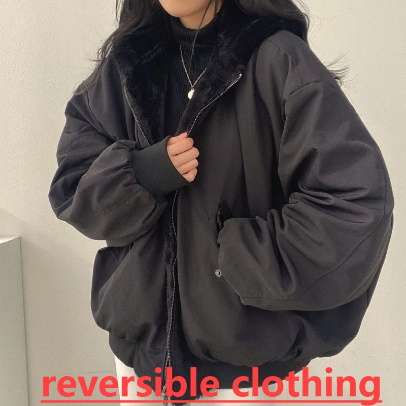 

2024 New Winter Thicken Two Side Warm Ladies Korean Fashion Casual Loose Zip Up JacketsDouble Sided Hooded Pure Colour Coat