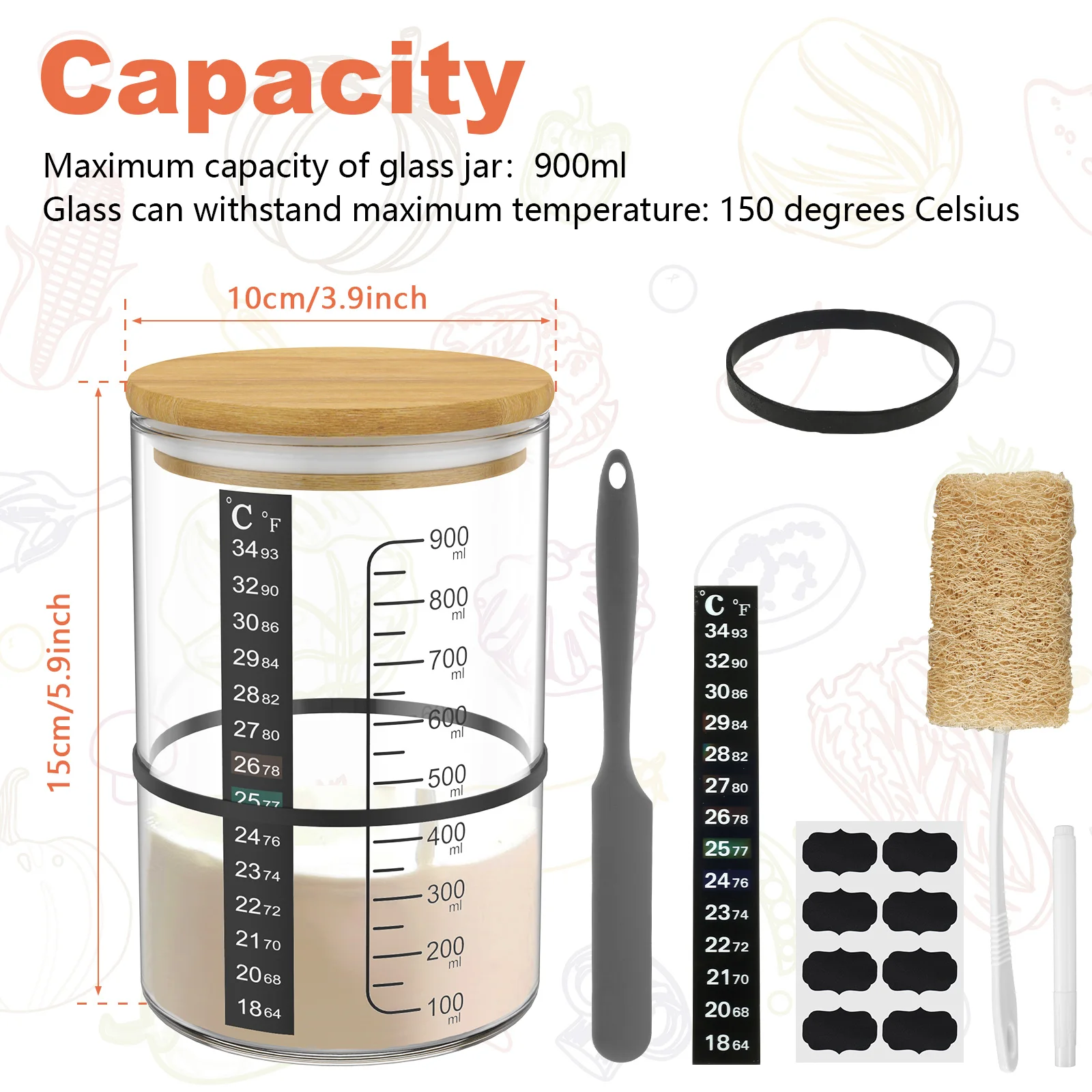 900ML Dough Starter Jar Kit Sourdough Fermentation Container Clear Glass Sourdough Starter Cups with Lids and Scraper for Baking