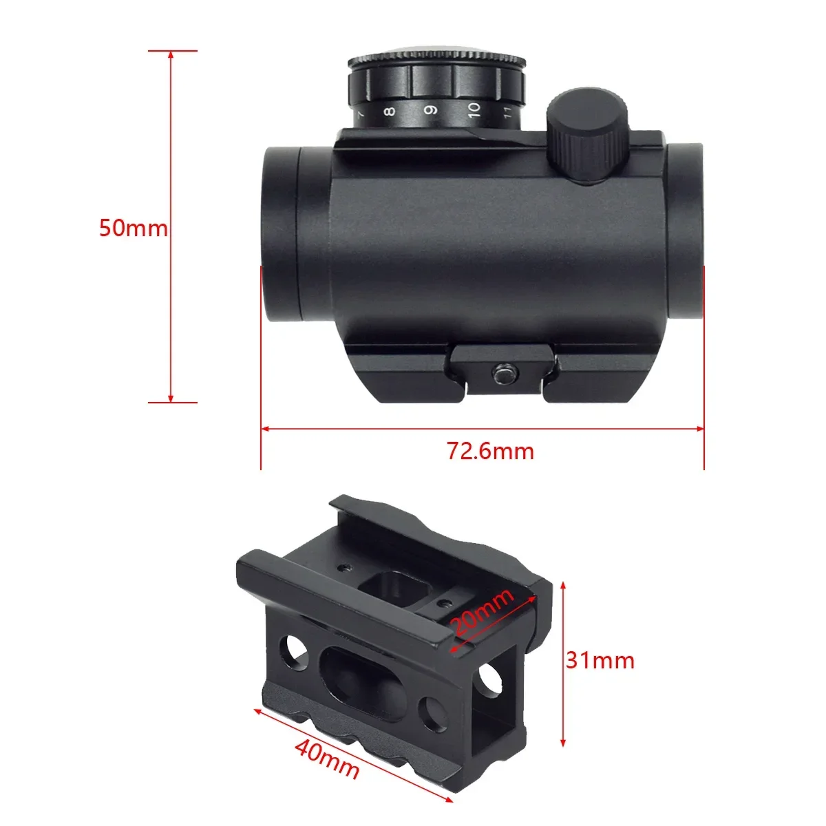 Tactical 1x20mm RDS-25 Red Dot Sight Collimator Airsoft Gun Rifle Scope Sight with 1 Inch Riser 20mm Rail Mount Hunting