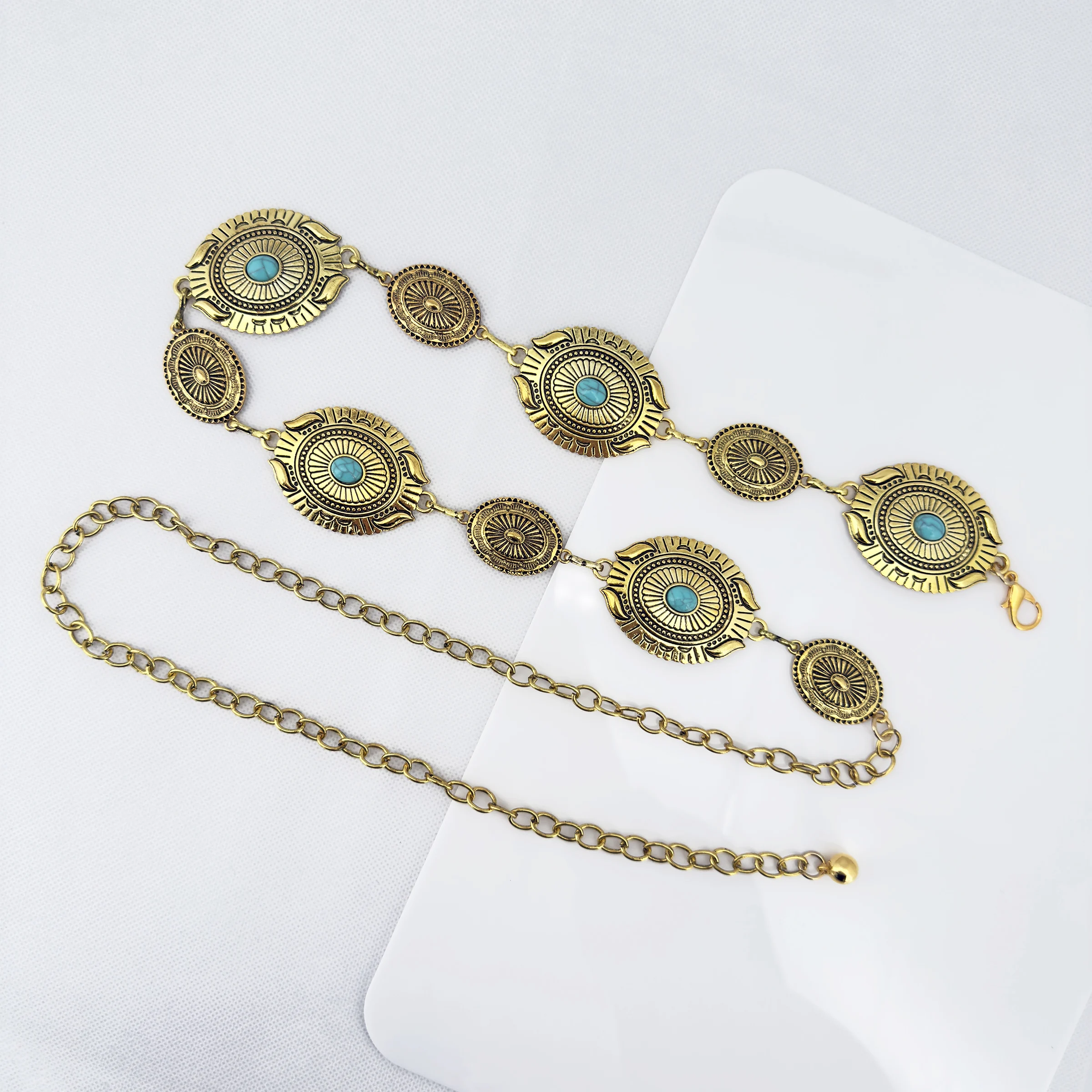 1 Bohemian Fashion Inlaid Green Pine Oval Alloy Damen Multifunktionale Taillenkette Hosenkette Dekoration – Detail 7