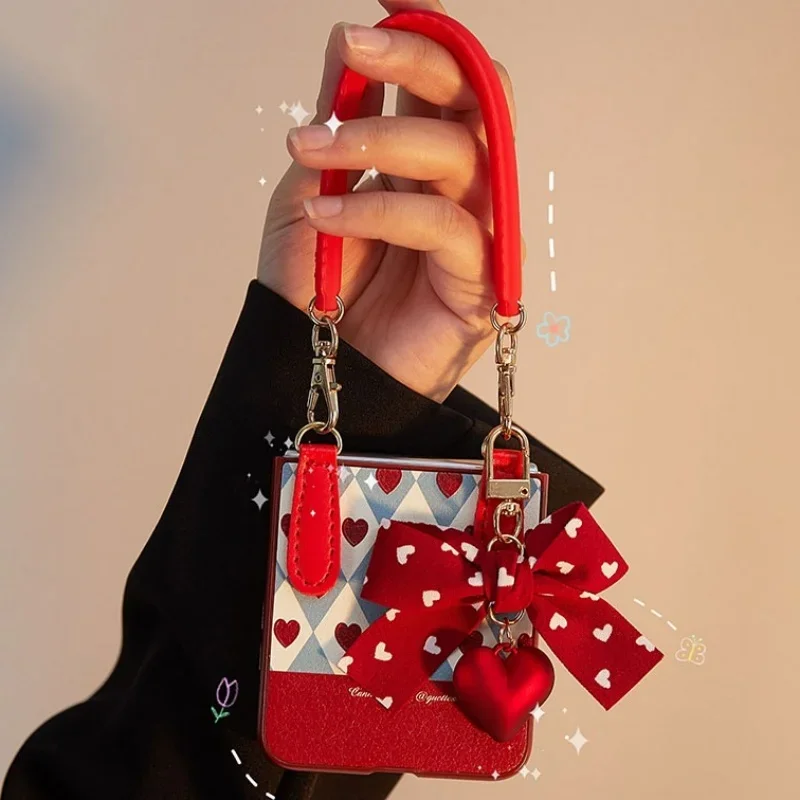 Retro Heart Case with Lovely Bow Wrist Strap - Luxury PU Leather Phone Cover