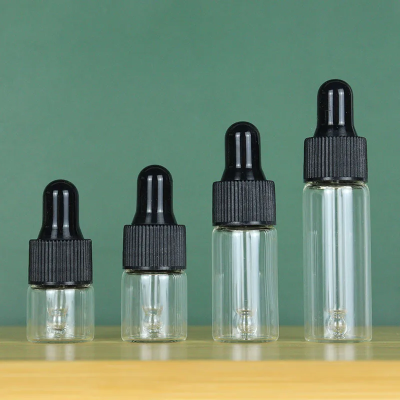 50/100PCS 투명 유리 떨어지는 병 1ml 3ml 5ml 미니 에센셜 오일 Dropper 병 블랙 캡과 빈 여행 샘플 약병